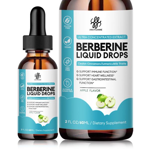 iMATCHME Berberine HCL, 6-in-1 Berberine Complex Liquid Drop for Cardiovascular Care & Body Management, Berberine with Ceylon Cinnamon, Antioxidant & Heart Health Support, Apple Flavor, 2 Fl Oz