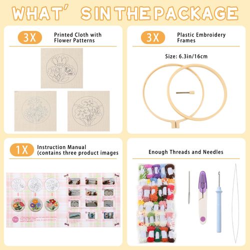 ojustbeok 3 Set Punch Needle Kits for Adults Punch Needle Embroidery Starter Craft Set for Beginners Mother's Day Birthday DIY Handmade Gift with Floral Pattern Hoops Yarns and Sewing Needles
