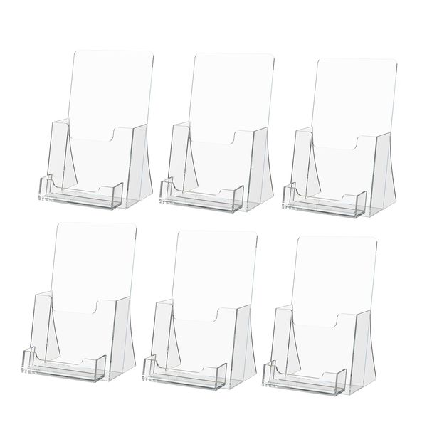 Marketing Holders 6 Pack Brochure Holder with Card Bin Clear Acrylic Caddy for 4.25’’ Trifolds and 3.5" x 2" Contact Info Cards Counter Plastic Pamphlets Display Stand Multi Purpose Caddy