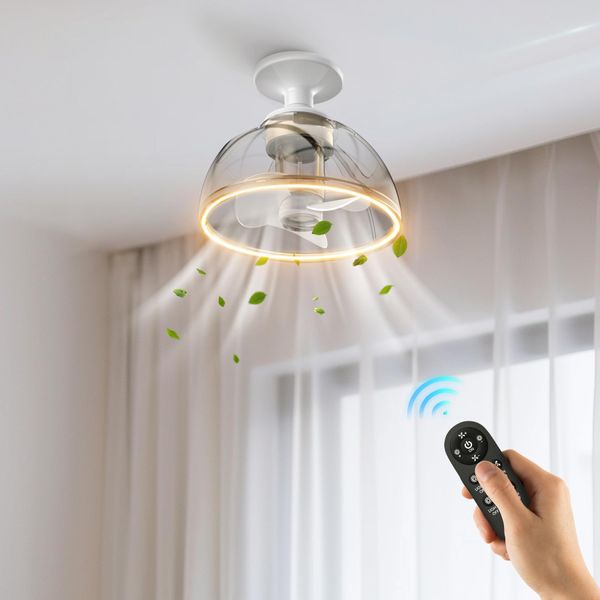 Kawaya LED Ceiling Fan Lights with Remote, Quiet E27 Socket Ceiling Fan, Diameter 20cm Hanging Fan with Lamp, Dimmable Fan Lights for Small Space Bedroom Living Room Dining Room