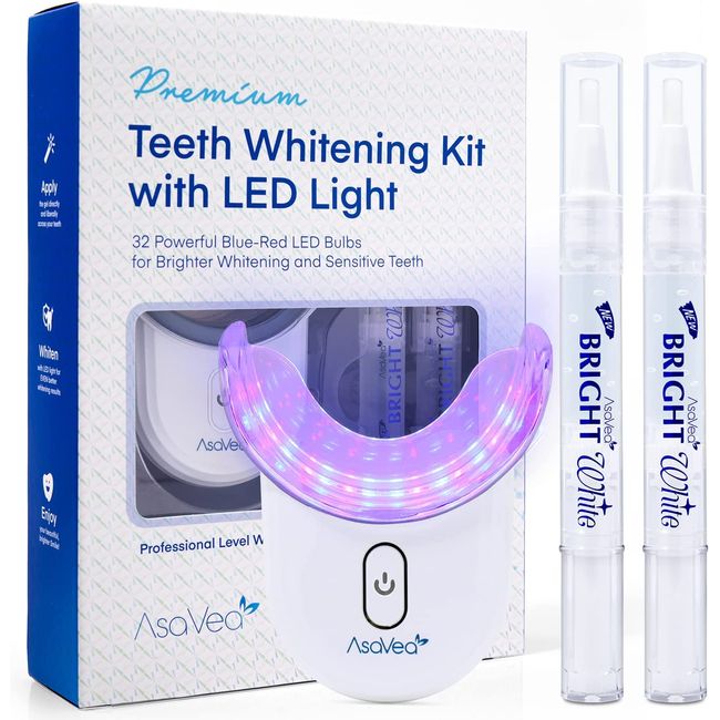 AsaVea Teeth Whitening Kit with LED Light - Strength Whitening Gel with 32X Powerful Blue-Red Rechargeable LED, Effective for Sensitive and Stained Teeth, Comfortable and Accelerated Teeth Whitening
