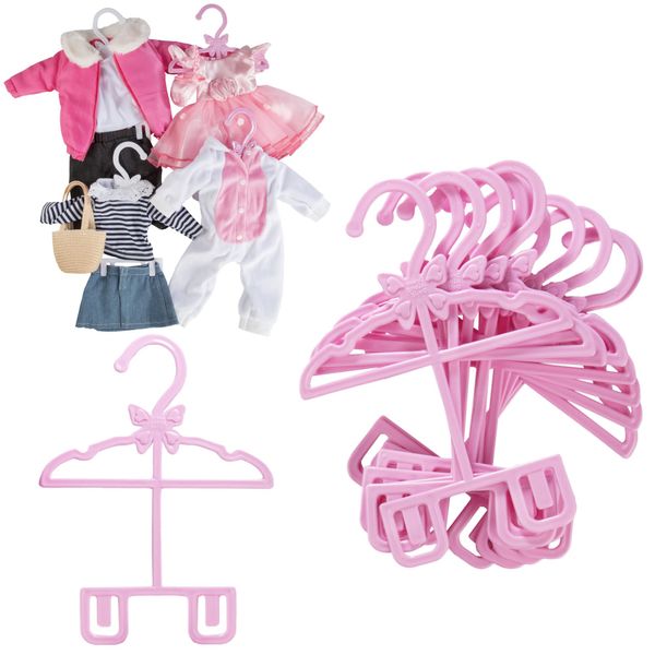 Dress Along Dolly Doll Full-Outfit Clothes Hangers for 18" Dolls - 12pk - Unique Design Holds Your Top & Bottom at Once Including Dresses, Pants, Shirts, Skirts & Accessories Gifts for Birthday, Pink