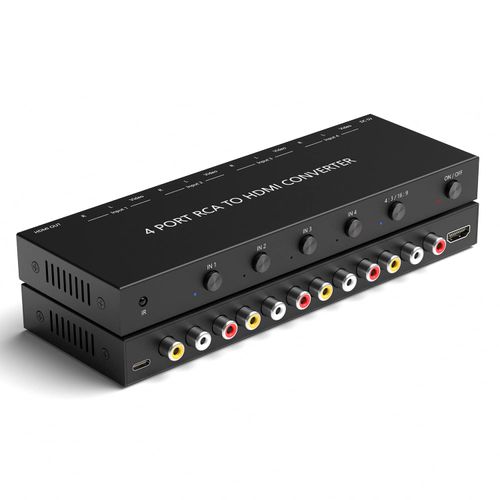 4 Port RCA to HDMI Converter 1080P/720P RCA Composite CVBS AV Switch to HDMI Converter Adapter Support 4:3/16:9 Switch, for Sega Xbox PS1 PS2 PS3 N64 NGC SNES WII VHS VCR Camera DVD(With Remote）