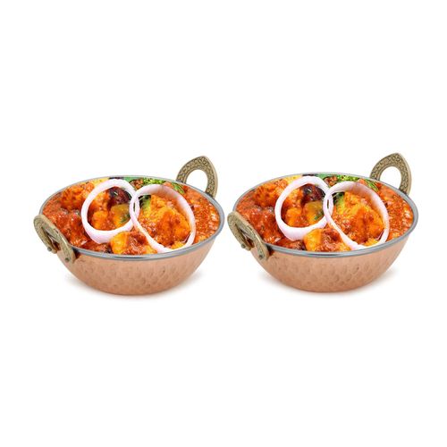 Zap Impex Indian Serving Dish, Copper and Hammered Stainless Steel Karahi for Indian Dishes and Serving Pieces 2-Pieces Set, 15 cm Diameter Silver 43235-105361