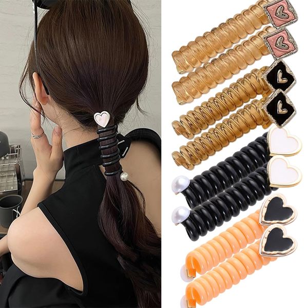 8 Pcs Heart Elastic Braided Telephone Wire Hair Bands Design Spiral Hair Ties Phone Cord Straight Spiral No Crease Elastic Coils Hair Scrunchies Ponytail Accessories for Women