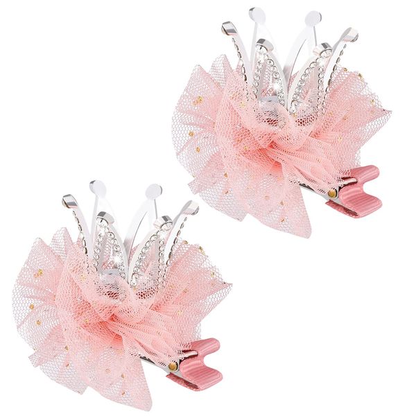 BESTOYARD 2Pcs Diamond Crown Hair Pin Princess Flower Mesh Hair Clips Rhinestone Crystal Tiara Hair Barrettes for Kids Party Hair Accessory (Pink)