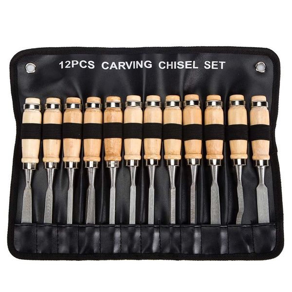 JINTONG Engraving Chisels for Metal & Seal Engraving, Introductory Chisels in Set of 12, Carpentry / Wood Engraving / Wooden Statue / Mallet / Hammer / Rough Cuts / Engraving, Comes with Storage Bag