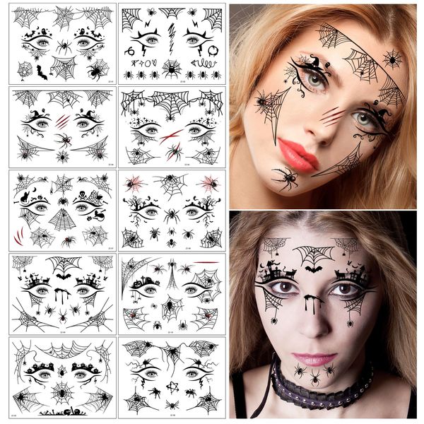 Halloween Masquerade Party 10 Pairs Halloween Eye Shadow Eyeliner Decals Spider Web Skull Bat Temporary Tattoo Stickers for Women