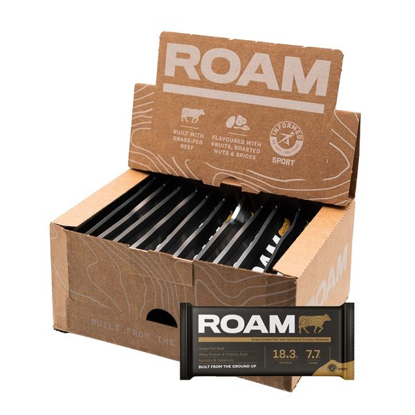 ROAM Natural Protein Bars, Meal Replacement Keto Bars, 12 x 45g Beef Bar & Healthy Snacks, Ideal For Carnivore Diet, Gluten Free Keto Sticks (Apricot & Hazelnut,12 x 45g Bars)