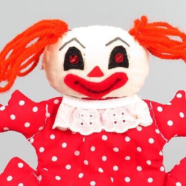 Vintage Clown Hand Puppet Creepy Evil Handmade Red Polka Dot 7" Mid Century