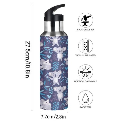 JUMBEAR Cute Koala Tree Leaf Water Bottle Acuum Insulated Stainless Steel Leakproof Wide Mouth Kettle with Straw Lid for Fitness Gym Outdoor Sports