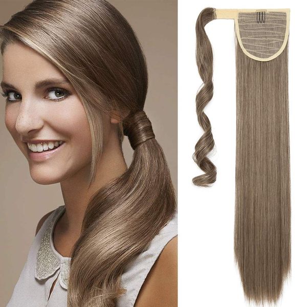 23" One Piece Wrap Around Ponytail Clip in Hair Extensions Synthetic Straight Silky Hairpiece Long - Ash Brown Mix Bleach Blonde(Length:58cm,Weight:90g)