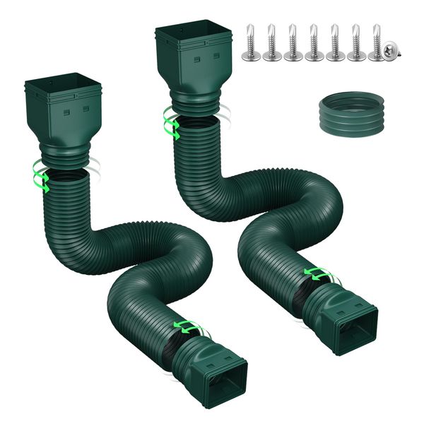 Ogutter Rain Gutter Downspout Extensions, Downspout Extender for Rainwater Drainage Flexible, Extendable 58"+66" Down Spout Drain Extension Pipes (2 Pack, Green)