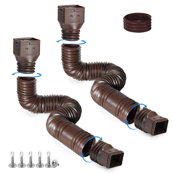 plusgutter 2 Pack Rain Gutter Downspout Extensions, Flexible Downspout Extender with 58"+68" Extendable Pipes for Rain Water Drainage, Durable Down Spout Drain Extension with Connector (Brown)