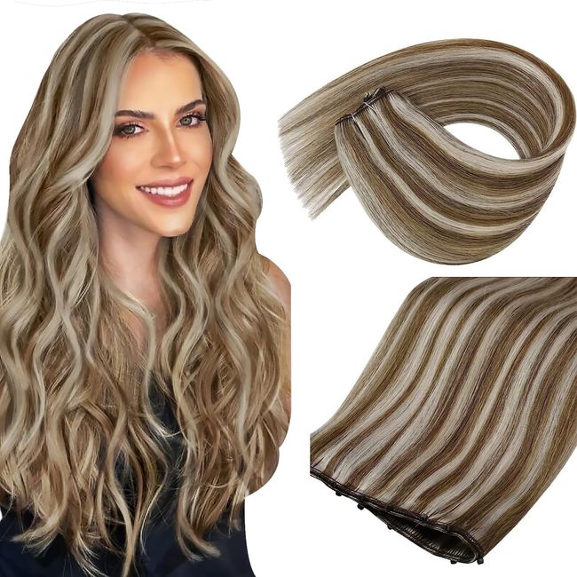 Sunny Beaded in Weft Hair Extensions Light Brown Highlights Platinum Blonde Microlink Weft Brown Highlights Hair Extensions Natural Weft Hair Extensions with Micro Beads 50G 20Inch