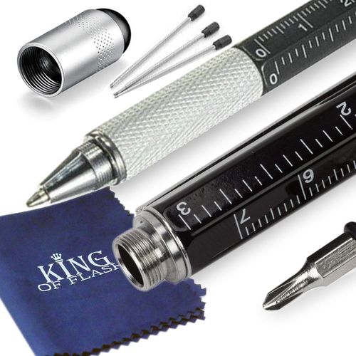King of Flash 6 in1 Multi Tool Pen - Ballpoint Pen, Touchscreen Stylus, Ruler, Spirit Level, Flat and Phillips Screwdriver & Microfiber Cloth - Unusual Gifts Men Gadgets Novelty Gift for Dad Boyfriend