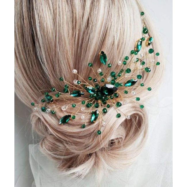 BERYUAN Women Bridal Teardrop Emerald Green Crystal Hair Comb Wedding Hair Accessory Rhinestone Hair Piece Gift for Her Party Headress for Bride Bridesmaid Girls(Gold)