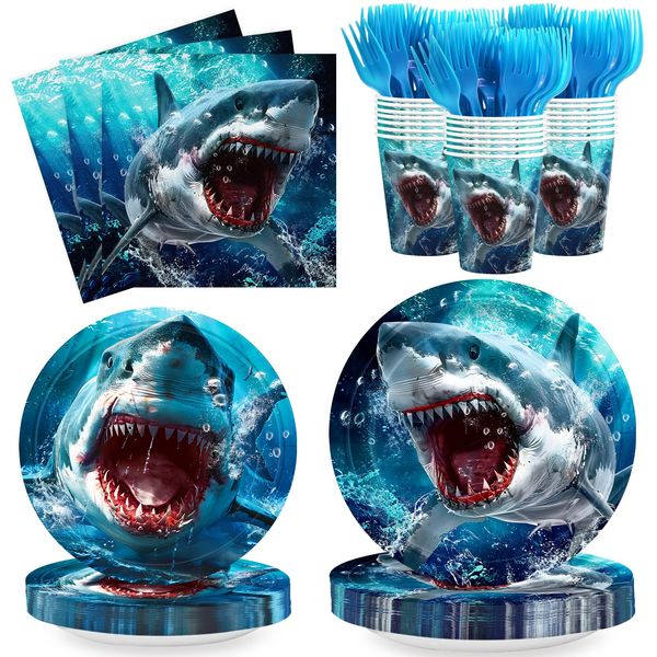 120pcs Shark Party Plates and Napkins Shark Birthday Party Supplies Ocean Paper Cup Under the Sea Dinner Party Supplies for Boy Birthday Shark Theme Party Serve 24 Guests