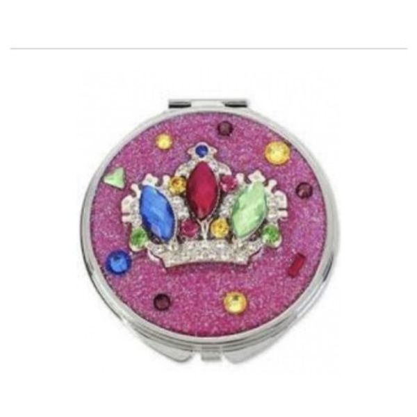 $35 Betsey Johnson multi stone crown pink glitter  compact mirror C1