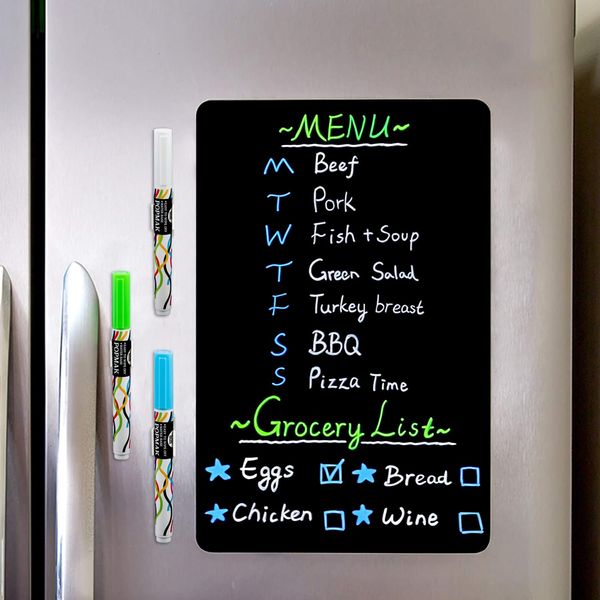 CUHIOY Magnetic Dry Erase Black Board Sheet for Fridge 30x20cm - Magnetic Chalkboard for Refrigerator with Stain Free Easy Clean Surface - 3 Chalk Markers & Eraser - Kitchen Grocery List Magnet Board