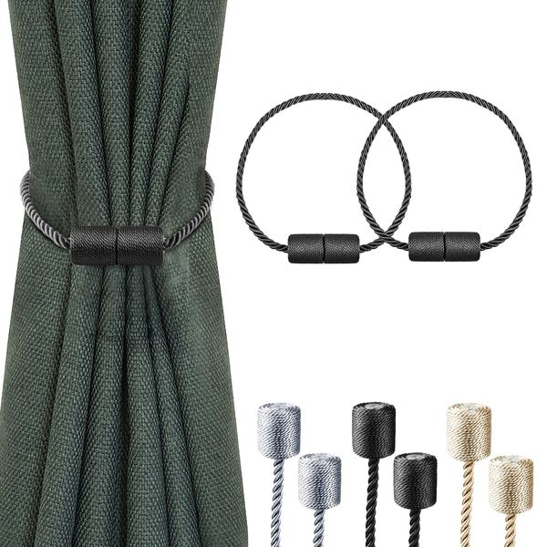 Milaloko 2 Pack Polyester Magnetic Curtain Tiebacks with Thicker Twist Rope, Black