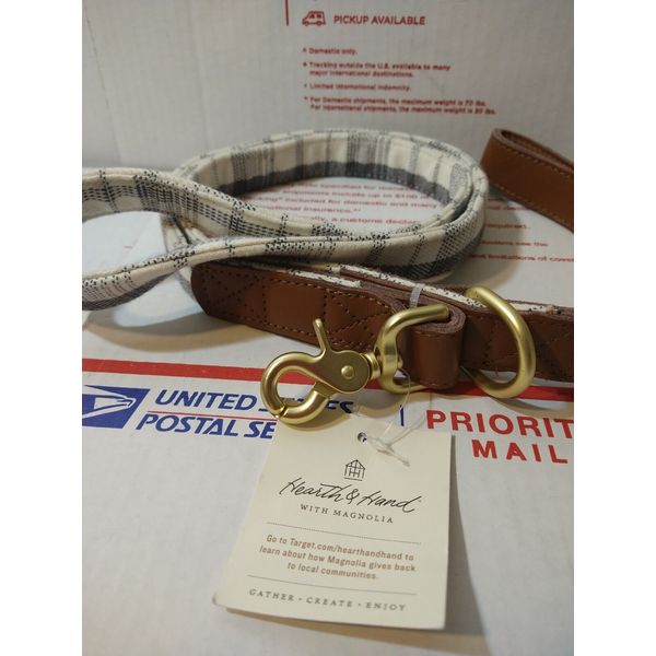 TARGET Hearth and Hand with Magnolia Gray Plaid Dog Pet Leash 60 in x 1" Leather