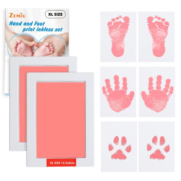 Zemiu Baby Handprint and Footprint XL Size Kit,2 Pink Baby Handprint Ink Pads with Clean-Touch & 6 Imprint Cards,Inkless Print Kit Safe Non-Toxic for Baby Feet and Hands, Family Keepsake, Pet Paw