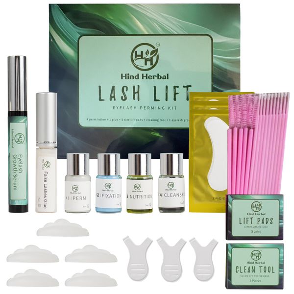 Hind Herbal Set of 32 Premium Lash Lift Kit, Curling Eye Lash Perm Lift Kit with Eye Lash Growth Serum, Perm Lotions, Eye Gel Patches, Glue, Mascara Brushes, Cotton Swabs and Size Lift Pads