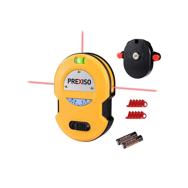 PREXISO Multi Surface Laser Level LED Light Vial, 30Ft Horizontal & Vertical Line Laser with Wall Mount Base, 2 Pins, 10 Sticker, 2 AA Batteries for Hanging Frames & Picture, Construction Wall Writing