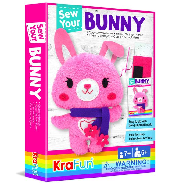 KRAFUN Sewing Kit for Kids Beginner My First Art & Craft, Includes Bunny Doll Stuffed Animal, Instructions & Plush Felt Materials for Learn to Sew, Embroidery, Age 7 8 9 10 11 12