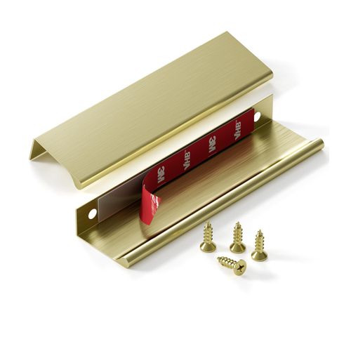 Satanga Edge Finger Pulls for Cabinets Peel and Stick on Kitchen Drawer Pull Hidden Invisible Self Adhesive No Drill Handle Pack of 6 Brushed Brass 3" Easy Installation