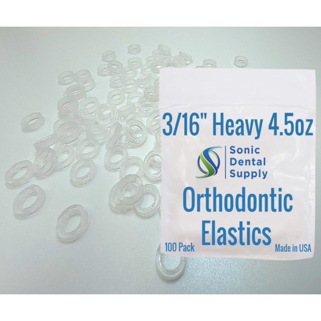 3/16 Inch Orthodontic Elastic Rubber Bands - 100 Pack - Clear Latex Free, Heavy 4.5 Ounce Small Rubberbands, Braces, Dreadlocks Hair Braids, Tooth Gap, Packaging, Crafts - Sonic Dental - Made in USA