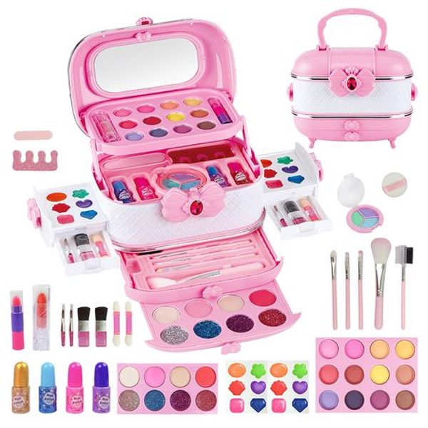 OPARD Girls Kids Pink Makeup Set Gift Birthday 3 4 5 6 7 8 9 10 years old Makeup Set Pretend Play Set Kids Cosmetics Girls Dresser Washable Eyeshadow Nail Polish Lipstick Cheek Nail Stickers 