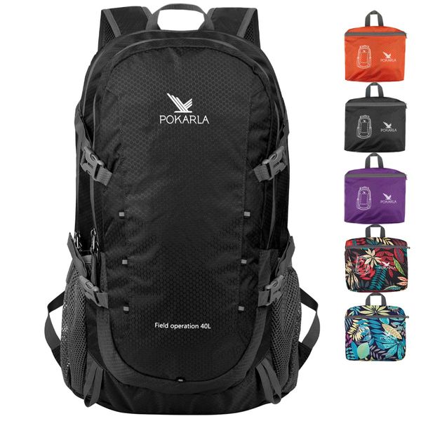 POKARLA 40L Foldable Rucksack Travel Hiking Daypack Durable Lightweight Walking Camping Folding Sports Outdoor Backpack Water Resistant Ultra Packable Carry On Bag Unisex Black