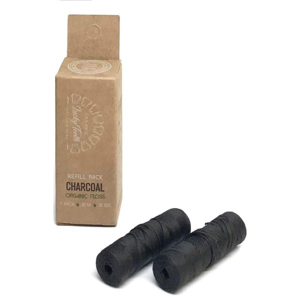 Organic Bamboo Fibre with Activated Charcoal Refills Floss with Tea Tree and Peppermint Essential Oils. 60m / 66 yds Total (2 Spools of 30 m in 1 Box) by Lucky Teeth
