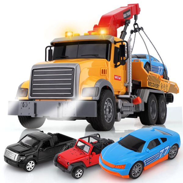 wakeInsa 15" Big Truck Toys Set,Include Tow Truck,Racing Car,Metal Off-Road Car,Metal Pickup Truck,Traffic Signs,Toy Truck with Hook,Sound and Lights for Boys & Girls Christmas and Birthday Gift