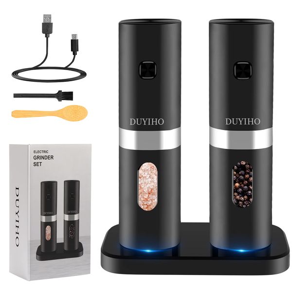 Rechargeable Electric Salt and Pepper Grinder Set with Double Charging Base, Support Battery Operated, Refillable Spice Automatic Mill Shakers Set with Adjustable Coarseness & LED Light