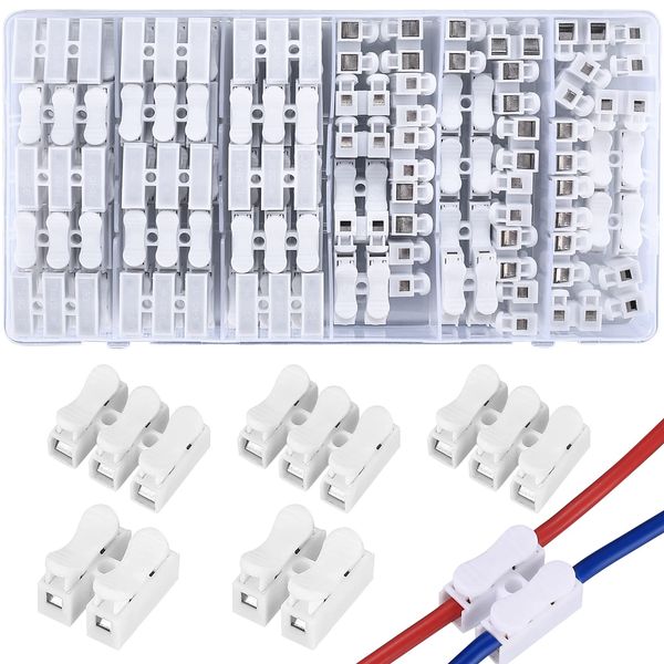 QOOSIKICC 65 Pcs Spring Wire Connectors, Spring Clamp Terminal Cable Clamp Connector, CH-2 Electrical Cable Connectors Block, 2 Pin Push-in Quick Terminal Wire Cable Connector Wiring Terminal