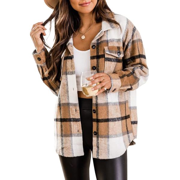 Memorose Womens 2023 Casual Plaid Shacket Jacket Button Down Long Sleeve Shirt