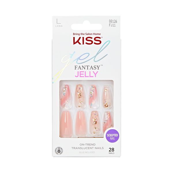 KISS Jelly Fantasy Press On Nails, Nail glue included, 'Jelly Cat', Multicolor, Long Size, Coffin Shape, Includes 28 Nails, 2g glue, 1 Manicure Stick, 1 Mini File