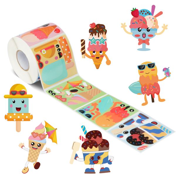 Jouierty 300PCS Ice-Cream Make A Face Stickers Ice Party Games Make Your Own Ice Cream Sticker Roll Mix and Match Ice-Cream Cute Sticker for Kids Summer Party DIY Art Crafts School Gift Rewards