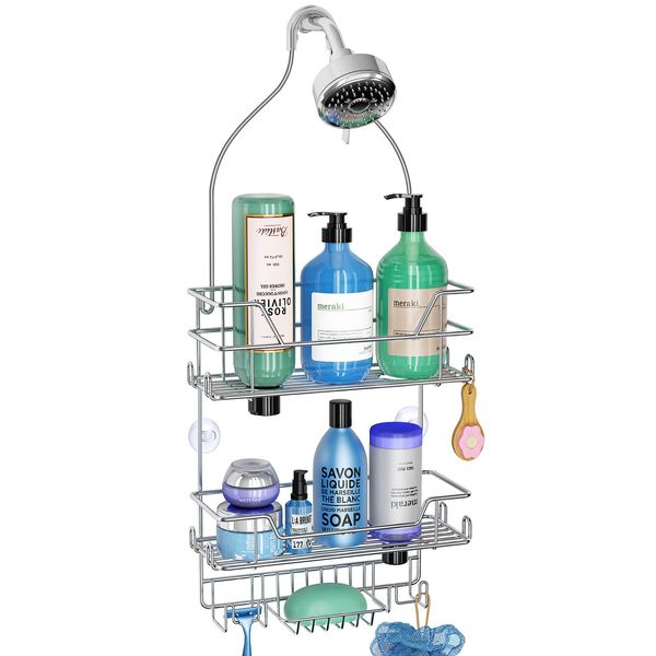 KeFanta Shower Caddy over Shower Head, Silver Hanging Organizer, Storage Rack with Hooks for Razor, Bathroom Shampoo Holder