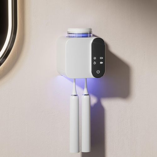 Wall Mounted Toothbrush Holder,Electric Toothbrush Holders with Smart Drying and Cleaning,Wall Mounted Toothbrush Holder with Solar Charging, Toothbrush Organizer with 2 Brush Slots (White)