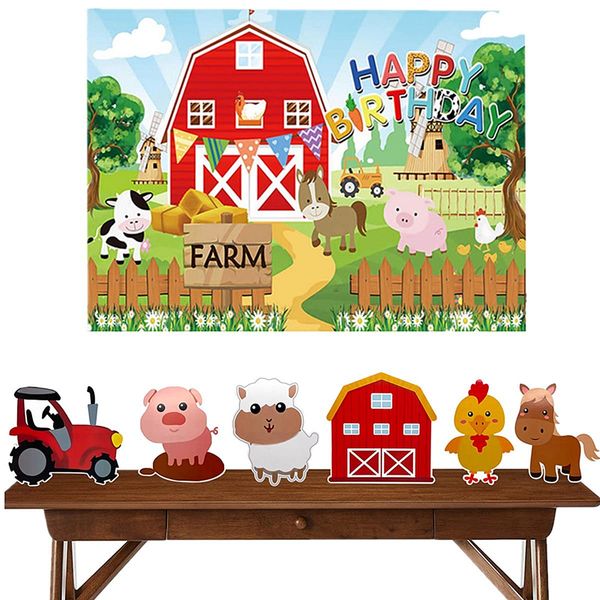 7Pcs/Pack Farm Themed Party Supplies,Indoor and Outdoor Farm Animals 3D Table Decoration,Include Farm Animals Centerpieces and Farm Happy Birthday Background Cloth