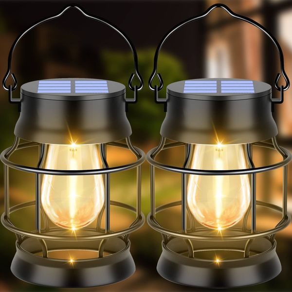 UBright Solar Lantern 2 Pack Solar Outdoor Lights Metal Hanging Solar Lights for Outside Solar Lights Outdoor Waterproof Retro Design with Edison Bulb Decorative for Patio Porch Fence Garden Lawn