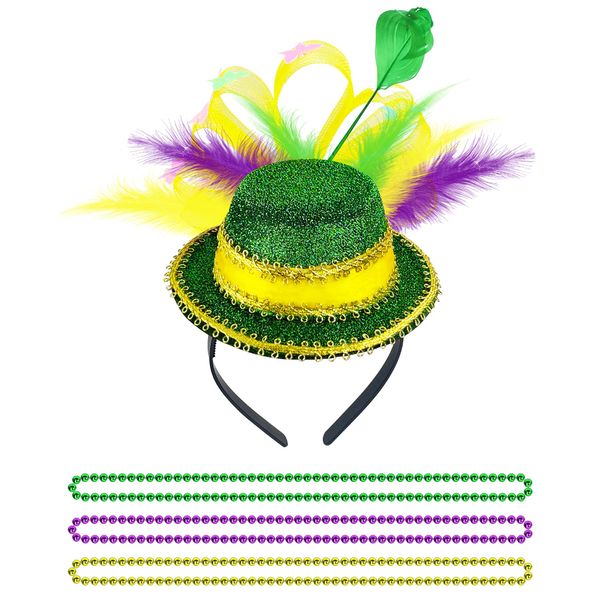 St. Patrick's Day Green Mini Hat Headband Feathered Fascinator with Mardi Gras Beads for Saint Patrick's Day Costume Accessories Irish Party Favor Decorations for Women Girls