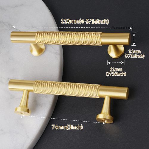RZDEAL 5 Pack Solid Brass Cabinet Pulls Gold Kitchen Cabinet Handles Drawer Pulls Brushed Brass Kitchen Cabinet Hardware, 3 Inch Hole Center