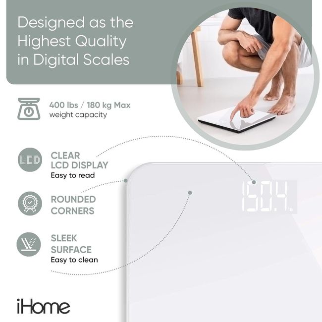 iHome Digital Step-On Bathroom Scale High Precision Body Weigh 400 lbs  Batteries