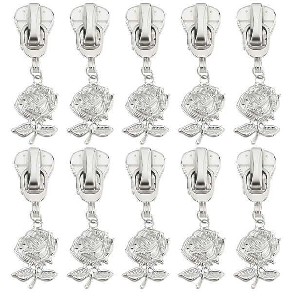 PLIGREAT 10 Pcs Rose Zipper Pulls #5 Silver Zipper Replacement Repair Kit Universal Zipper Repair Kit for Jacket Luggage Bag Tailor Shop Accessories Fashion Metal Slider for Nylon Coil Zipper