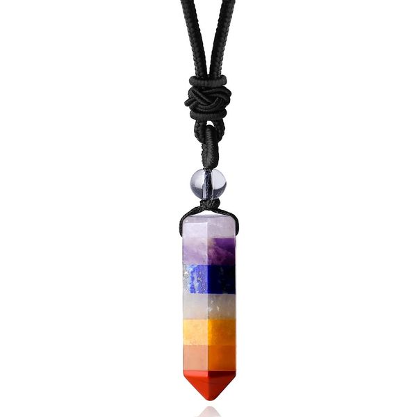 XIANNVXI 7 Chakra Healing Crystals Necklace Natural Crystal Stone Point Hexagonal Pendant Necklaces Gemstones Adjustable Rope Reiki Balancing Jewelry